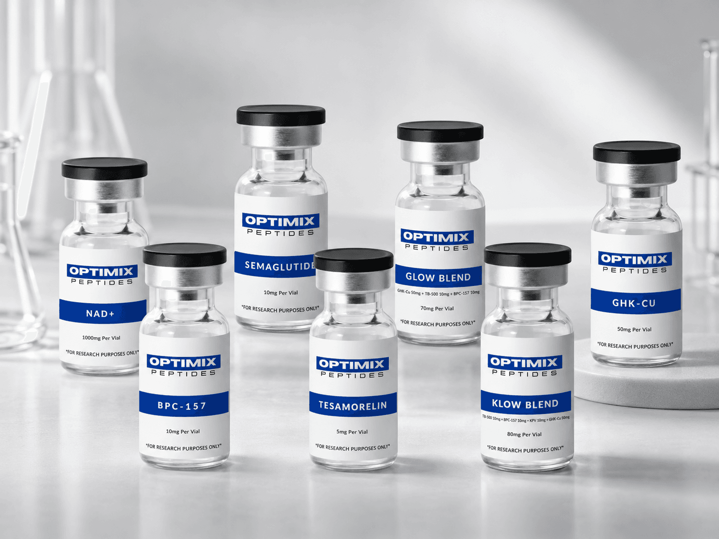 Optimix Compounds catalog — seven research-grade peptide vials on a laboratory bench